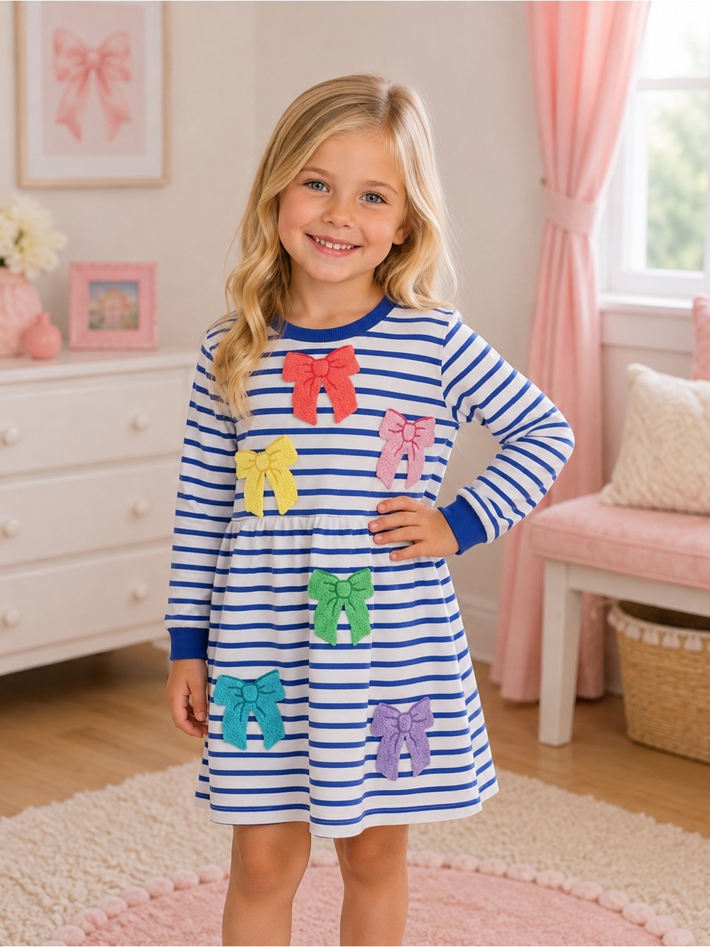 Mini Boden Striped Tunic Dress with Colorful Bows Girls Size 6-7 🎀